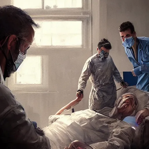 Prompt: A surgeon desperately trying to save his patient, oil painting by Cedric Peyravernay, highly detailed, cinematic concept art, dramatic lighting