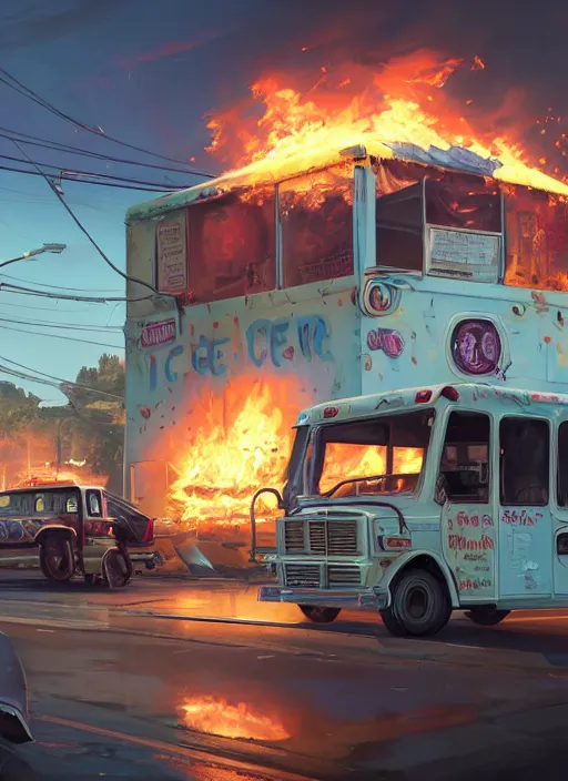 Image similar to highly detailed image of an ice cream truck on fire, in gta v, stephen bliss, unreal engine, fantasy art by greg rutkowski, loish, rhads, ferdinand knab, makoto shinkai and lois van baarle, ilya kuvshinov, rossdraws, tom bagshaw, global illumination, radiant light, detailed and intricate environment