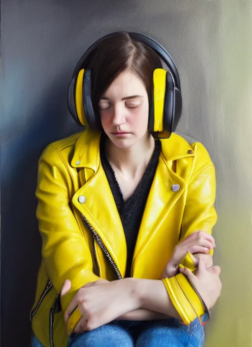 Image similar to young adult woman in a coffee shop wearing bright yellow headphones and a leather jacket looking unamused, natural light, oil painting