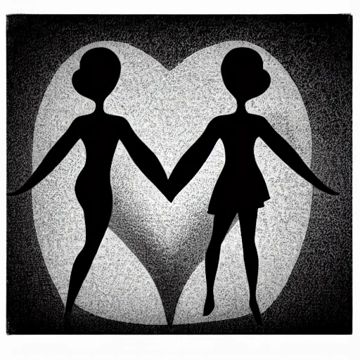 Prompt: clean black and white print on white paper, high contrast, logo of stylized dancer silhouette forming a symmetric heart