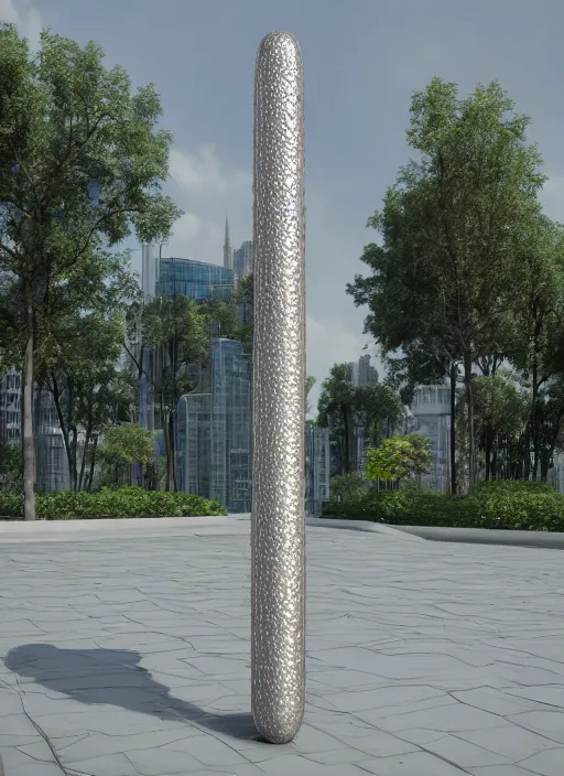 Image similar to highly detailed realistic architecture 3 d render of a futurisctic metallic stele made from balls standing in a city park, archdaily, made in unreal engine 4 octane render