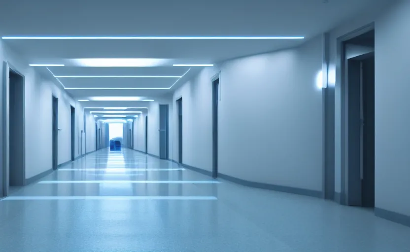 Image similar to an hallway in hospital with soft blue lights in the roof, octane render, artstation trending, highly detailded