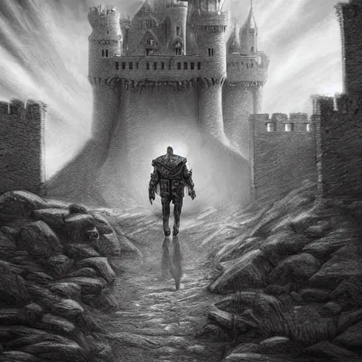 Prompt: pencil art, distant shot, realistic, cinematic, hyper detailed, smooth, hero walking up to the castle to fight an evil army.