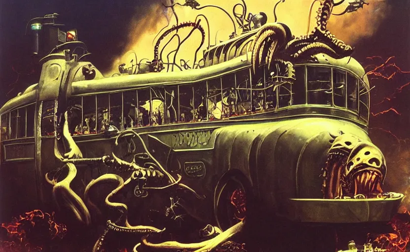 Image similar to cthulhu devouring a steampunk school bus. highly detailed science fiction painting by norman rockwell, frank frazetta, and syd mead. rich colors, high contrast, gloomy atmosphere, dark background. trending on artstation