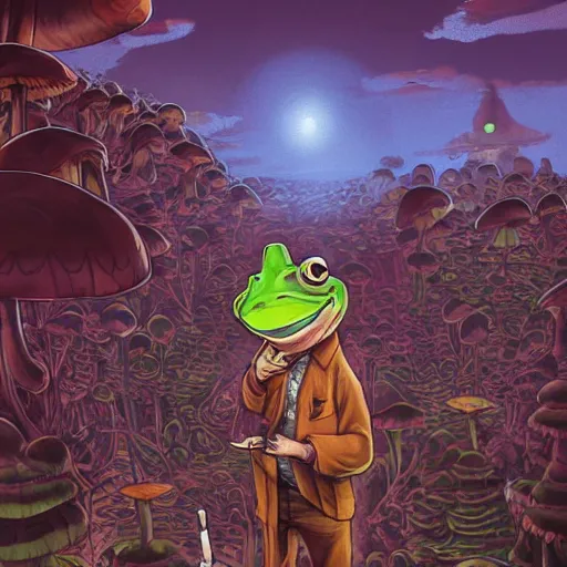 Image similar to A centered chest up portrait of a psychedelic godlike anthropomorphic frog smoking a hand-rolled cigarette , magic mushroom village in background . award winning. superb resolution. in the art style of junji Ito and greg rutkowski . Detailed Mushroom city in background. Hyper realistic anime. Perfect art. Dalle2