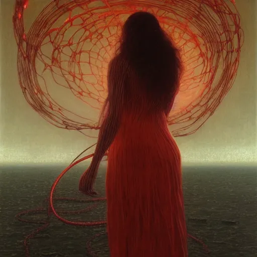 Image similar to evil, shore of the lake, woman, wrapped around by tubes and cables, short black curly hair, glowing red, by edgar maxence and ross tran, zdzisław beksinski, and michael whelan, distant, gustav dore, h. r. giger, 8 k, octane render