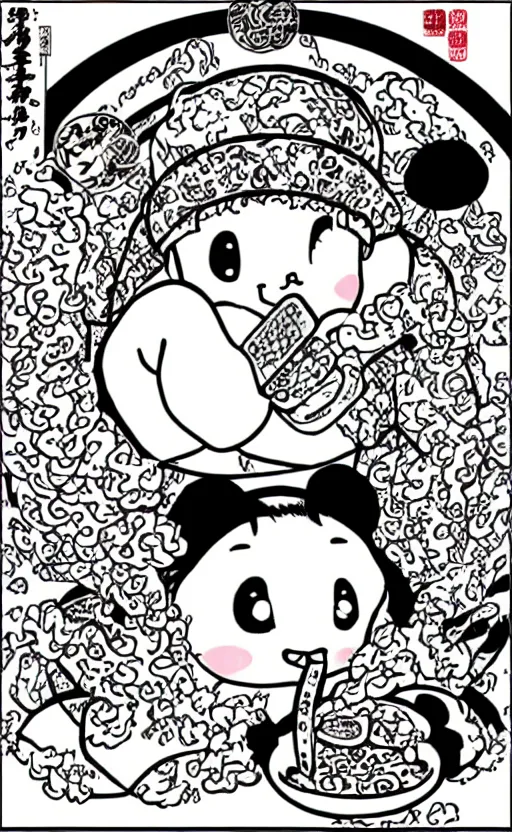 Prompt: Japanese manga style, white elephants eat instant noodles.