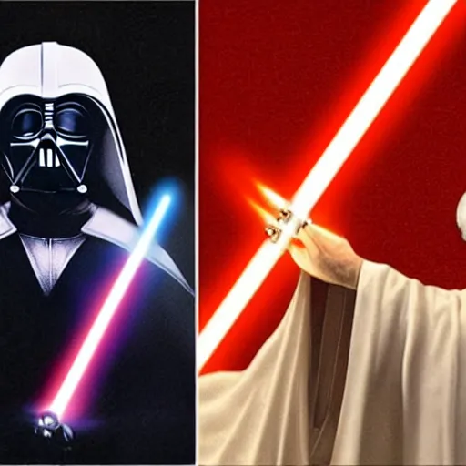 Image similar to darth pope with one white lightsaber electrocuting the cardinals