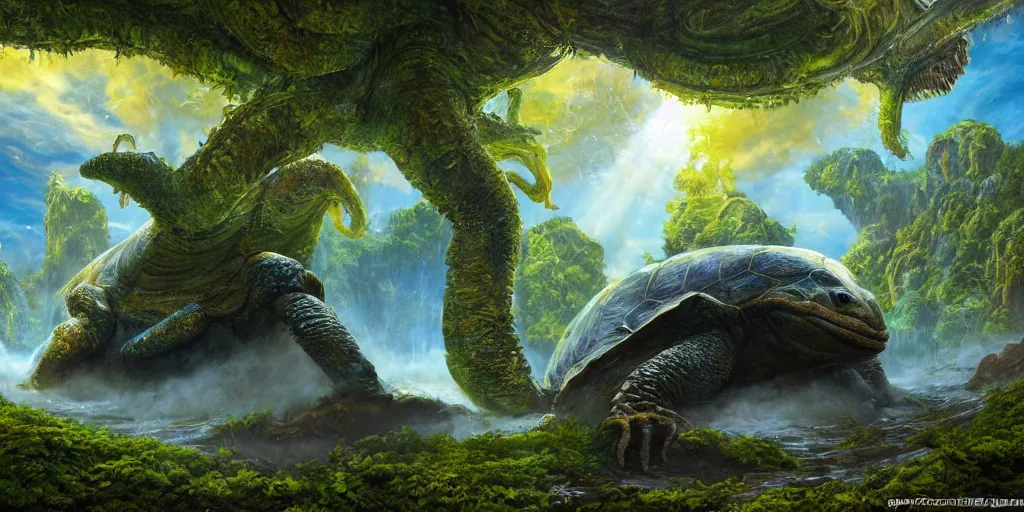 Image similar to fantasy oil painting, alien spacecraft, outer worlds, great leviathan, turtle cephalopod terrapin reptilian pachyderm amphibian hybrid, rainforest mountains, lush plants flowers, epic natural light, bright clouds, luminous sky, bright cinematic key lighting, michael cheval, michael whelan, vray, 8 k hd