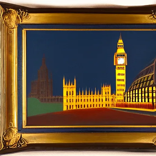 Prompt: detailed, soft, dynamic painting of the Big Ben in flames, burning, arson, professional painting, at dusk