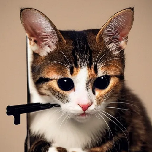 Image similar to a very cute cat holding a shotgun to the camera