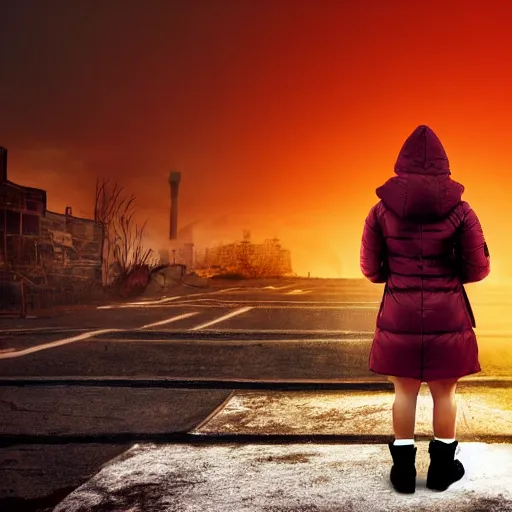 Image similar to hooded jacket woman standing in front of a post apocalyptic city with burning red sky