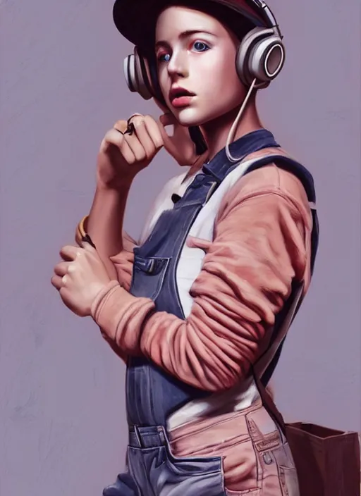 Image similar to digital _ painting _ of _ girl with headphones, overalls, combat boots _ by _ filipe _ pagliuso _ and _ justin _ gerard _ symmetric _ fantasy _ highly _ detailed _ realistic _ intricate _ port