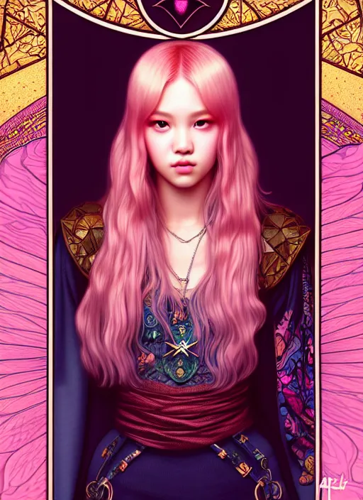 Image similar to jossi of blackpink, king, tarot card, highly detailed, digital painting, smooth, sharp focus, illustration, ultra realistic, unreal engine, 8 k, art by artgerm and alphonse mucha