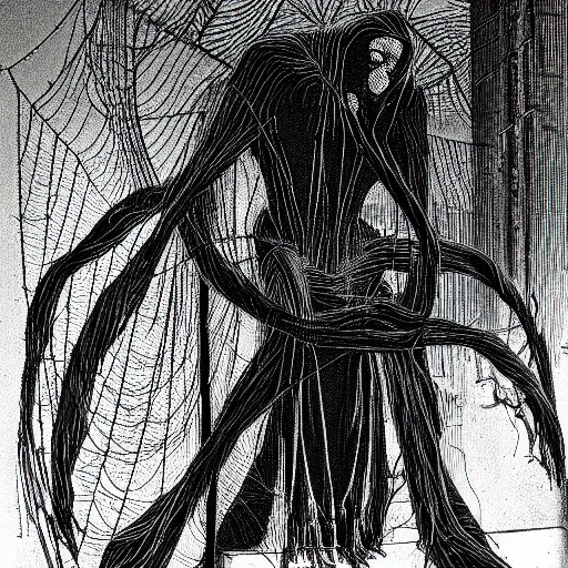 Image similar to Ghastly wires coil from a wall, forming a thick spiderweb. Thin strands of metal glisten as they stretch toward a figure in the darkness. The figure is clad in a black robe with a hood that conceals his face. The figure stares at a mannequin hanging down from one of the wires. The mannequin has the head and the torso of an ape, but no arms or legs.