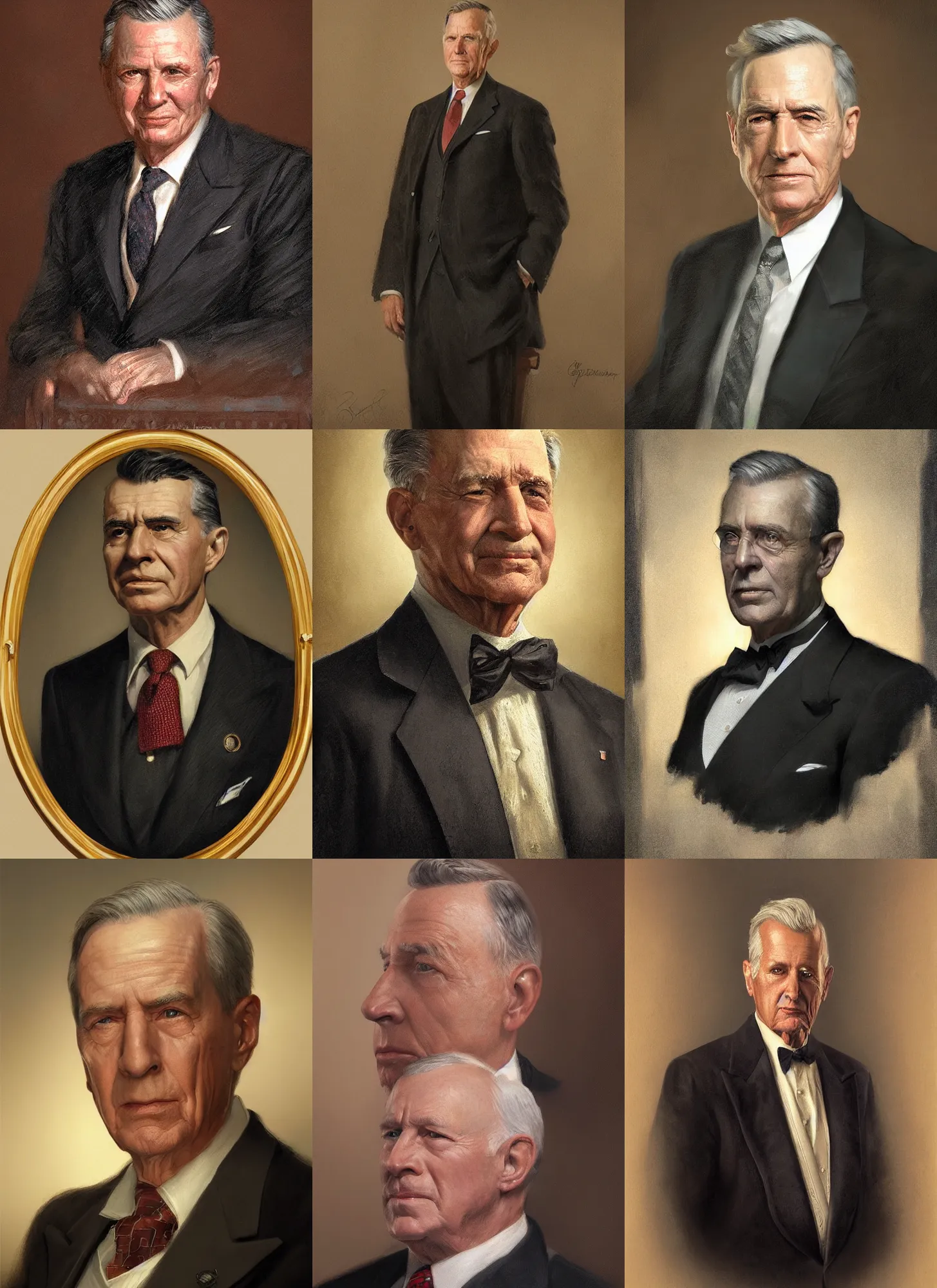 Prompt: portrait of a 1 9 5 2 united states president. male from massachusetts, detailed face, 2 0 th century, highly detailed, cinematic lighting, digital art painting by greg rutkowski