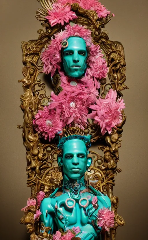 Prompt: a young handsome latino ceramic and pink iron-plated android prince with a large glowing mint crystal in the center of his chest, full-body bronze cyberpunk style statue of Andromeda with glowing green laser eyes, crown of mechanical chrysanthemums, flowing aqua silk, fabric, steampunk flowers. baroque elements, human hands. full-length view. baroque element. intricate artwork by caravaggio. many flying horses on background. Trending on artstation, octane render, cinematic lighting from the right, hyper realism, octane render, 8k, depth of field, 3D