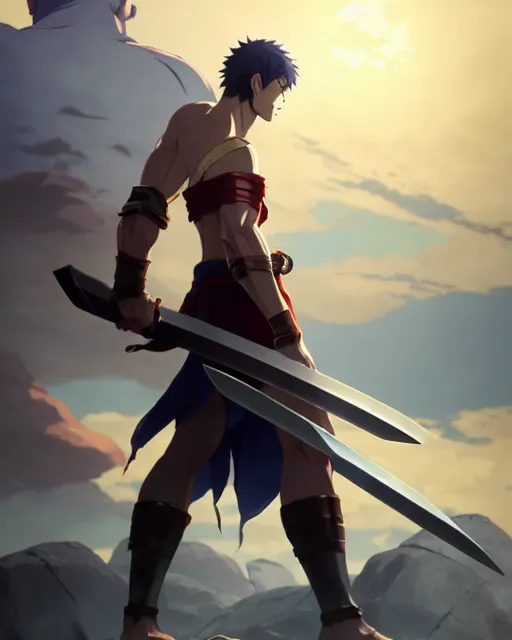 Image similar to strong warrior with a greatsword, dramatic pose, square masculine facial features, short messy hair, intimidating appearance, 3 d octane render, unreal engine 5, ultra high detail, glow, atmosphere, trending on pixiv fanbox, by greg rutkowski makoto shinkai takashi takeuchi studio ghibli, akihiko yoshida