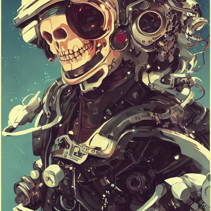 Image similar to anime skull portrait space pirate captain, futuristic science fiction, mucha, hard shadows and strong rim light, art by jc leyendecker and atey ghailan and sachin teng