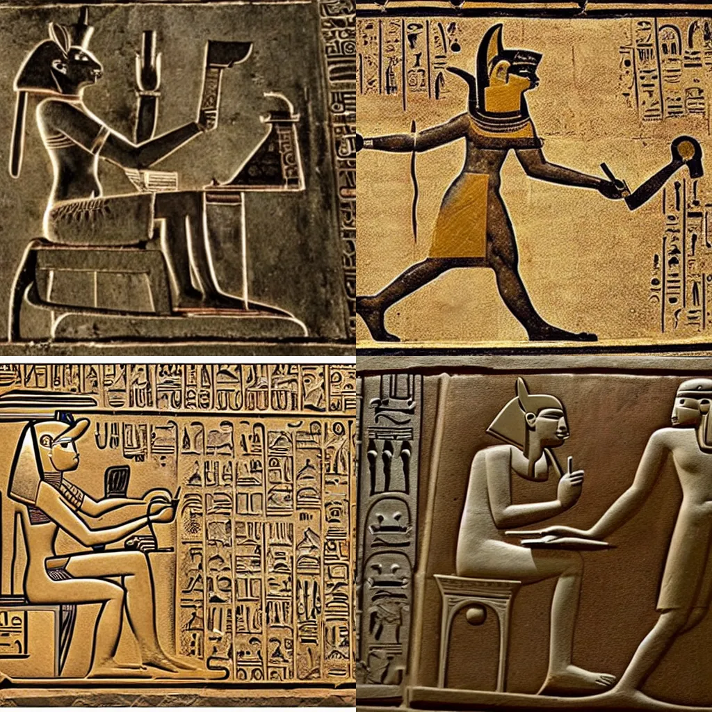 Prompt: photo of ancient Egyptian carvings depicting Anubis doing his taxes on a laptop