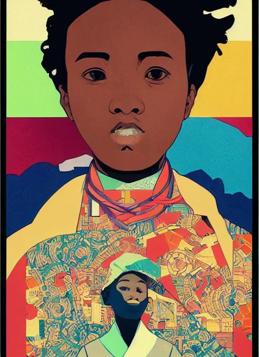 Image similar to colourful upper half portrait of an african boy - in japanese retro poster illustration style, magazine collage art by hsiao - ron cheng & alphonse mucha, magazine collage, highly detailed, digital painting, illustration, smooth, sharp focus, intricate, clustered, busy, pinterest, behance,