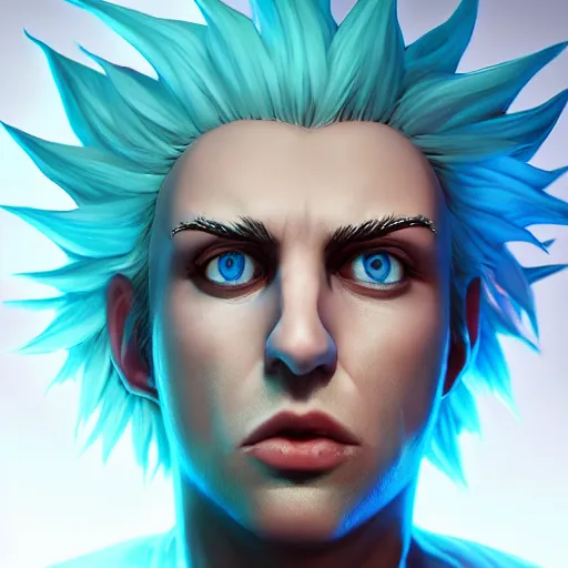 Image similar to Rick Sanchez, perfect eyes, spikey blue hair, white lab coat, full body shot, butcher, fantasy, beautiful face, medieval, vivid colors, elegant, concept art, sharp focus, digital art, Hyper-realistic, 4K, Unreal Engine, Highly Detailed, HD, Dramatic Lighting by Brom, trending on Artstation