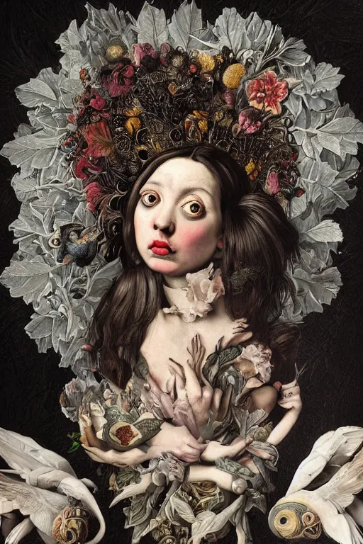 Image similar to Detailed maximalist portrait with large lips and large eyes, exasperated expression with an existential dread of love, botanical, extra hands, HD mixed media, 3D collage, highly detailed and intricate, surreal illustration in the style of Caravaggio, dark art, baroque