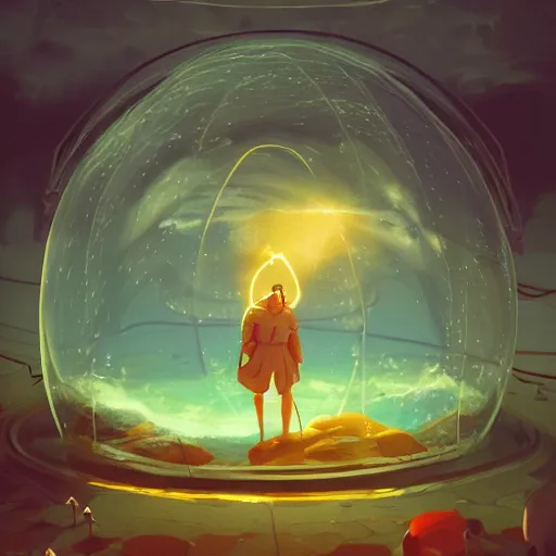 Image similar to a young and powerful goddess trapped in a dome, bubble, prisoner, panicking, lightning, energy bursts, highly detailed, digital painting, artstation, concept art, sharp focus, cinematic lighting, illustration, painted by Simon Stalenhag, cgsociety