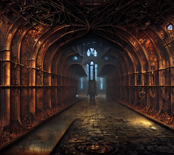 Image similar to steam necropolis, memento mori, gothic, neo - gothic, art nouveau, hyperdetailed copper patina medieval icon, stefan morrell, philippe druillet, ralph mcquarrie, concept art, steampunk, unreal engine, detailed intricate environment, octane render, moody atmospherics, volumetric lighting, ultrasharp, ominous, otherworldly