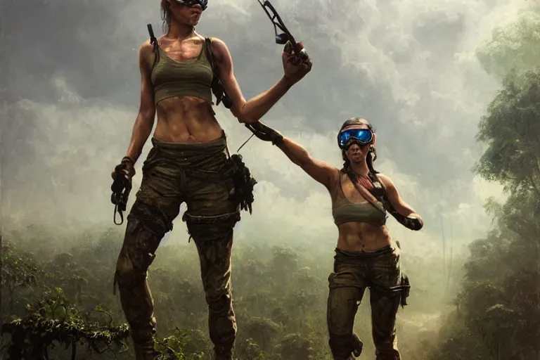 Prompt: artstation concept of a beautiful adventurous girl wearing goggles holding a machine pistol, sweaty skin, symmetrical face, high body detail, ripped up field fatigues, jungle background with ruins, vines, hyperdetailed, artstation trending, world renowned artists, worth1000.com, cgsociety, by greg rutkowski, by Gustave Doré, by Marco Turini, by Artgerm, Deviantart in the style of Tom Bagshaw, Cedric Peyravernay, Peter Mohrbacher