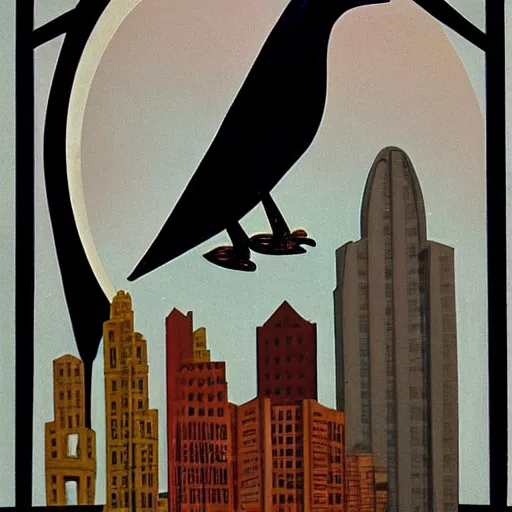 Image similar to “raven in-front of an city under the moon, art deco, 1950’s, glowing highlights, dramatic”