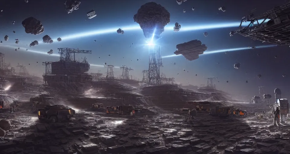 Prompt: a highly detailed digital matte painting of a mob of armed workers in power suits attacking a high-tech mining colony with extraction pumps and silos on the surface of an asteroid in space, by Raphael Lacoste and Stephan Martiniere and Peter Mohrbacher and Robert McCall, volumetric lighting, hyperdetailed, octane render, 8k H- 640