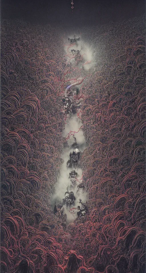 Image similar to zhongyuan festival, chinese ghost festival, king of hell, inside page of comic book, psychedelic lights and fog, in the style of zdzislaw beksinski, ayami kojima, takato yamamoto, barclay shaw, karol bak, glowing light and shadow, hyperrealist