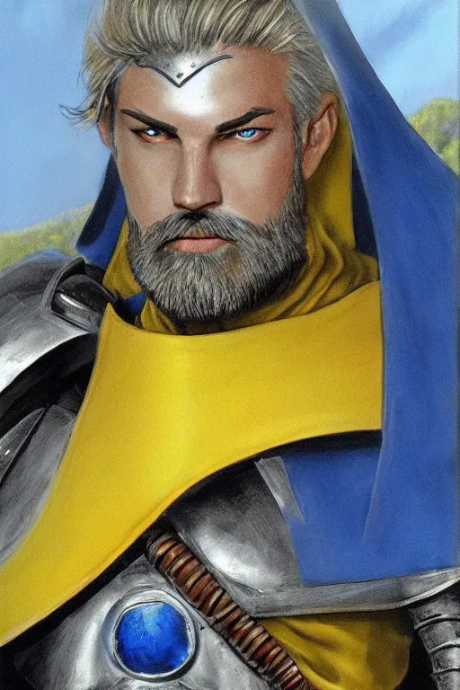 Image similar to a knight with blue tabard and a yellow cape and steel pauldrons and short blonde hair and a short blonde beard, realistic, detailed, trending on ArtStation, by Larry Elmore