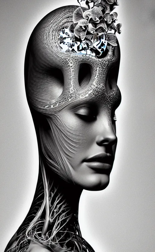 Image similar to a black and white 3D render of a beautiful portrait of a young female angelic-dragon-cyborg face with a very long neck, 150 mm, orchids, Mandelbrot fractal, anatomical, flesh, facial muscles, veins, arteries, full frame, microscopic, elegant, highly detailed, flesh ornate, elegant, high fashion, rim light, ray trace, octane render in the style of H.R. Giger and Man Ray, Realistic, Refined, Digital Art, Highly Detailed, Cinematic Lighting, rim light, black and white, photo-realistic Unreal Engine, 8K