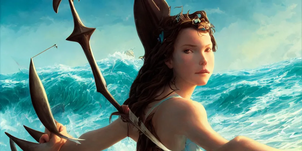 Prompt: close up of a beautiful shark tooth girl holding a trident on the horizon, model pose, slightly smiling, big wave, big whale fighting against sharks on the background, by peter mohrbacher and makoto shinkai and ferdinand knab