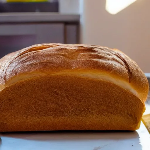 Image similar to the face of a shiba inu blended into the side of a loaf of bread on a kitchen bench