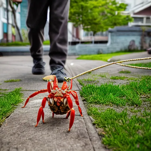 Prompt: elderly man walking a pet crab, leash, park, happy, canon eos r 3, f / 1. 4, iso 2 0 0, 1 / 1 6 0 s, 8 k, raw, unedited, symmetrical balance, wide angle