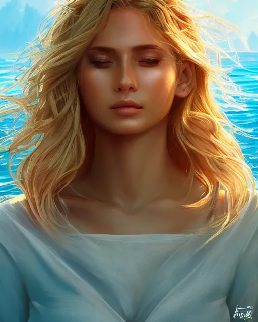 Image similar to summer vibes, beautiful sun tanned goddess, flowy golden hair, sun, summer, cinematic lighting, highly detailed, digital painting, trending on artstation, pixiv, concept art, sharp focus, illustration, art by ross tran and wlop