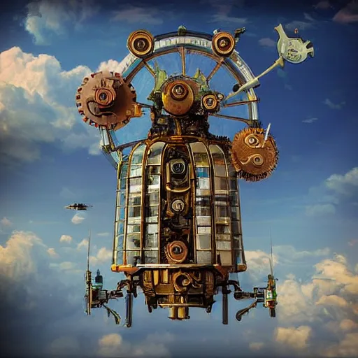 Image similar to flying city in a mechanical flower, sky, steampunk!!!, fantasy art, steampunk, masterpiece, octane, jared wulfe