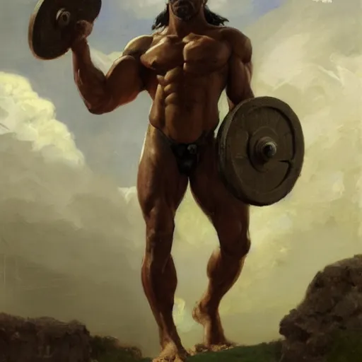 Prompt: handsome portrait of a spartan guy bodybuilder posing, lush surrounding by studio ghibli, by gaston bussiere, bayard wu, greg rutkowski, giger, maxim verehin