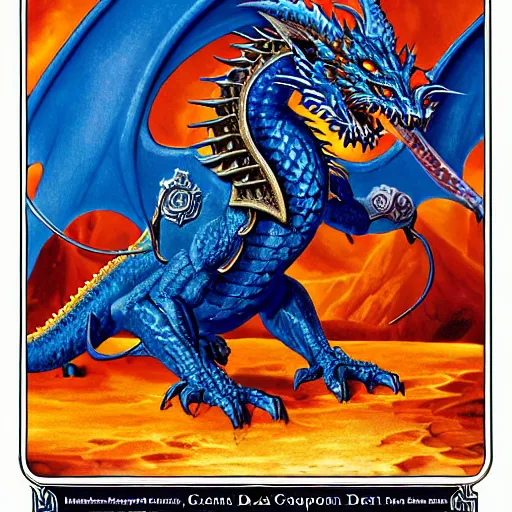 Prompt: half length portrait of a medieval d & d fantasy anthropomorphic blue dragon, d & d rulebook cover art by jeff easley