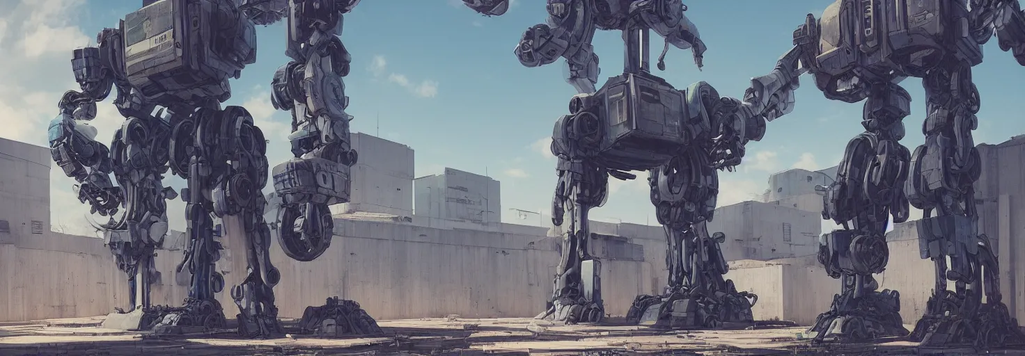 Image similar to an abandonded courtyard, giant robot mech, sci - fi, digital art by beeple h - 7 0 0