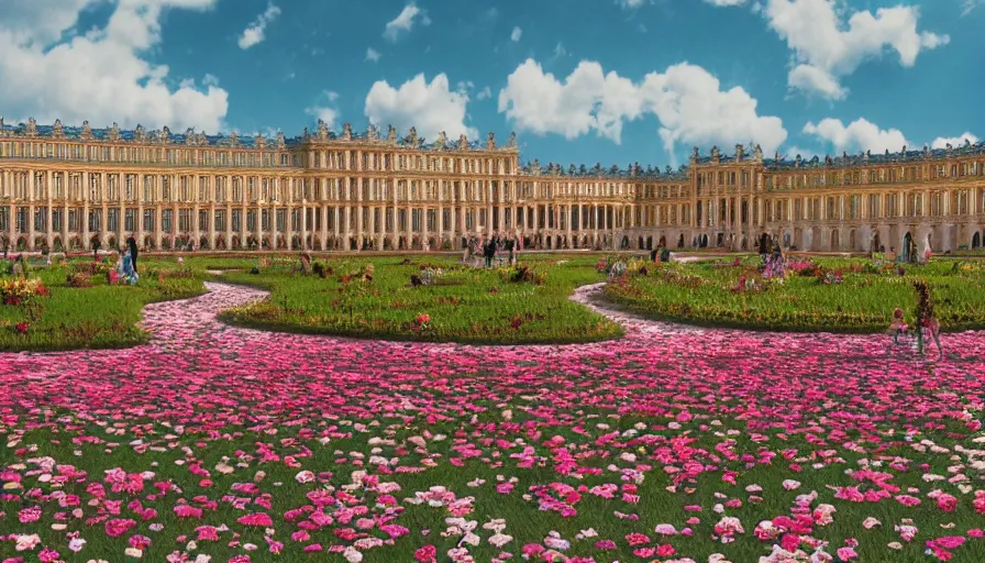 Image similar to palace of versailles covered by flowers, sunny day, crowd, hyperdetailed, artstation, cgsociety, 8 k