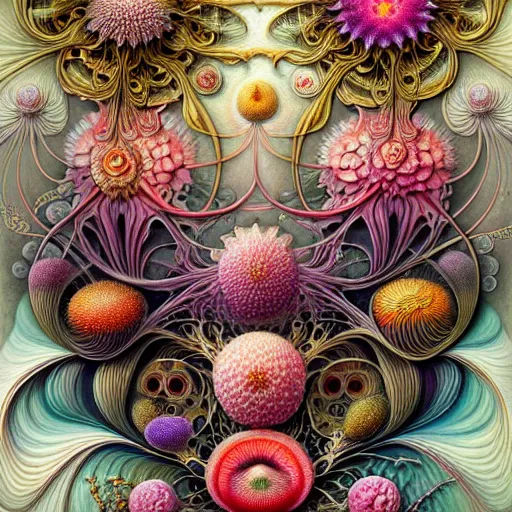 Prompt: an ultra hd detailed painting of many different types of flowers by Android Jones, Earnst Haeckel, James Jean. behance contest winner, generative art, Baroque, intricate patterns, fractalism, rococo