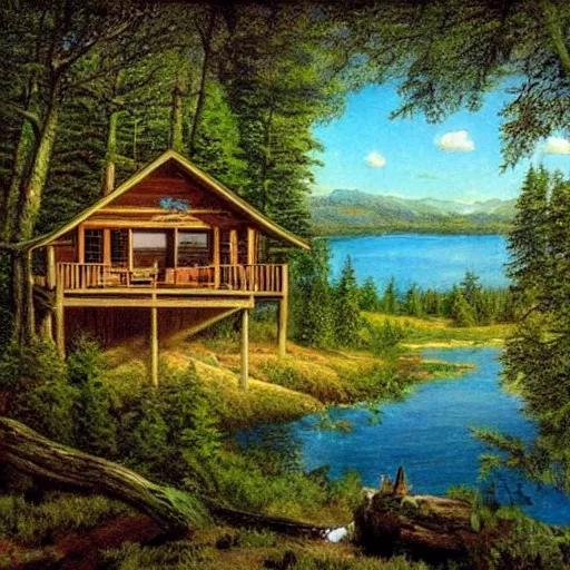 Prompt: cabin on a cliff overlooking a lake in a forest, Stephen youll