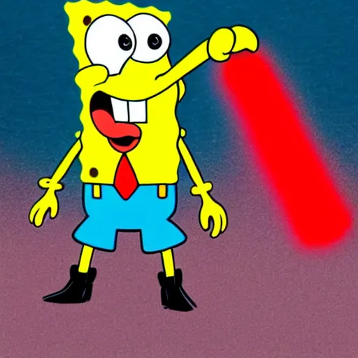 Image similar to spongebob holding a red light saber