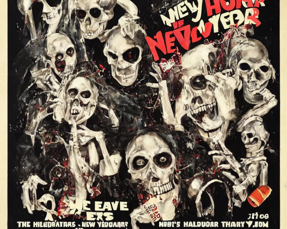 Image similar to a horror movie poster featuring new years eve skeletons