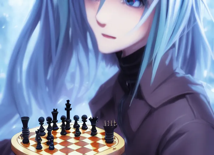 Image similar to rimuru playing chess, with gold eyes, sky blue straight hair, bangs, black jacket, high collar, concept art, award winning photography, digital painting, cinematic, by wlop, anime key visual, wlop, 8 k, by ross tran, tom bagshaw, ilya kuvshinov,