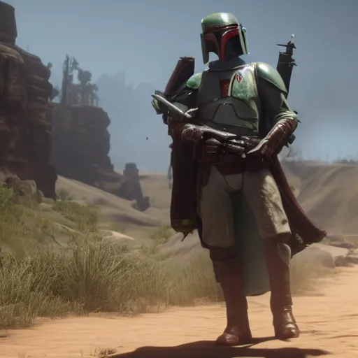 Image similar to Film still of Boba Fett, from Red Dead Redemption 2 (2018 video game)